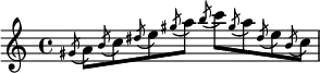 { \time 4/4 \relative g' { \acciaccatura gis8 a8 \acciaccatura b8 c8 \acciaccatura dis8 e8 \acciaccatura gis8 a8 \acciaccatura b8 c8 \acciaccatura gis8 a8 \acciaccatura dis,8 e8 \acciaccatura b8 c8 | } }