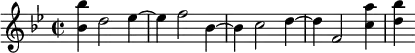 { \time 2/2 \key bes \major \relative c''' { <bes bes,>4 d,2 ees4 ~ | ees f2 bes,4 ~ | bes c2 d4 ~ | d f,2 <a' c,>4 | <bes d,> } }
