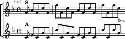  \new ChoirStaff <<
  \new Staff \relative f' { \key f \major \time 4/4 \partial 8*5 \mark \markup \tiny { ( \italic e ) }
    f8^\markup \bold "S" a f c' f, | f' f, c' f, a f c' f, | f' f, f' c_"&c." }
  \new Staff \relative c' { \key f \major
    c8^\markup \bold "A" e c g' c, | c' c, g' c, e c g' c, | c' c, c' g } >> 