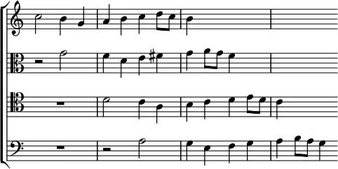 \new ChoirStaff << \override Score.TimeSignature #'stencil = ##f
  \new Staff \relative c'' { \key c \major \time 2/2
    c2 b4 g | a b c d8 c | b4 s2. | s }
  \new Staff \relative g' { \clef alto \key c \major
    r2 g | f4 d e fis | g a8 g f4 s | s2. }
  \new Staff \relative d' { \clef tenor \key c \major
    R1 d2 c4 a | b c d e8 d | c4 s2 }
  \new Staff \relative a { \clef bass \key c \major
    R1 r2 a | g4 e f g | a b8 a g4 } >>