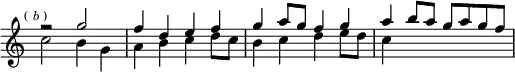 \relative g'' { \key c \major \time 2/2 \override Score.TimeSignature #'stencil = ##f \mark \markup \tiny { (\italic"b") } << { r2 g | f4 d e f | g a8 g f4 g | a b8 a g a g f } \\ { c2 b4 g | a b c d8 c | b4 c d e8 d | c4 } >> }