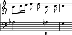 { \override Score.TimeSignature #'stencil = ##f \time 3/4 << \relative c'' { \autoBeamOff c8[ d16 e] f8 f c8. d16 d4 } \new Staff { \clef bass aes2 a4 g } \figures { < _ >2 < 6 >4 } >> }