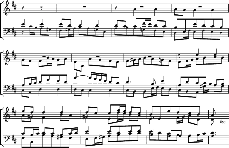 \new ChoirStaff << \override Score.BarNumber #'break-visibility = #'#(#f #f #f) \override Score.Rest #'style = #'classical \override Score.TimeSignature #'stencil = ##f
  \new Staff <<
  \new Voice \relative e'' { \key d \major \time 3/4 \partial 2
    \stemUp r4 r | R2.*6 | r4 e e |
    e8 d d4 d | d8 cis cis fis16 e d8 cis |
    b e, e' d cis b a8 s4_"&c." }
  \new Voice \relative a' { \stemDown s2 | s2. | r4 a a | a8 g g4 g |
    g8 fis fis b16 a g8 a e[ a,] a'[ g fis e] |
    fis[ gis16 a] b8[ a g fis] | e[ fis16 g] a8[ b cis b] |
    a gis fis4 b8 a | gis4 e8 d'16 cis b8 a | e4. fis16 g a8 d, | d } >>
  \new Staff <<
  \new Voice \relative e' { \clef bass \key d \major \stemUp
    e4 e e8 d d4 d | d8 cis cis fis16 e d8 cis |
    b e, e' d cis b | a[ b16 cis] d8[ fis e d] |
    a'4 ^~ a16 g fis e d8 cis | d4. b8 e4 | a,8[ d cis cis] a[ b] |
    cis b16 cis d8 cis b cis16 d | e4 e8 d e fis | b,4 a8 a a4 a4. }
  \new Voice \relative c' { \stemDown \tiny
    r8 cis16 b a8 gis | fis gis16 a b8 a g e | a b a g! fis e |
    d e16 fis e8 fis e d | cis a \normalsize d4 d | d8 cis cis4 cis |
    cis8 b b e16 fis e8 d | cis[ b a] gis'16[ b] a8[ gis] |
    fis b, b' a gis fis | e[ fis16 gis] a8[ b cis d] |
    e[ d cis b] a b16 cis | d4. } >> >>