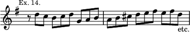 { \relative d'' { \key g \major \time 9/8 \override Score.TimeSignature #'stencil = ##f \mark \markup \small "Ex. 14."
 r8 d c b c d g, a b | a b cis d e fis e fis d_"etc." } }