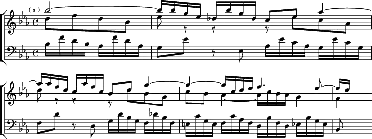 \new ChoirStaff << \override Score.BarNumber #'break-visibility = #'#(#f #f #f) \override Score.Rest #'style = #'classical
  \new Staff \relative b'' { \key ees \major \time 4/4 \partial 2 \mark \markup \tiny { (\italic"a") } <<
    { bes2 ^~ | bes16 bes g ees des bes' g des c8 ees aes4 ^~ |
      aes16 aes f d c aes' f c bes8 d g4 ^~ |
      g ^~ ^~ g16 c, d ees f4. ees8 ^~ | ees16[ d] } \\
    { d8 f d bes | ees r r4 r8 ees c aes |
      d r r4 r8 d bes g | c bes aes4 _~ aes16 c bes aes g4 | f } >> }
  \new Staff \relative b { \clef bass \key ees \major
    bes16 f' d bes aes f' d aes |
    g8 ees' r ees, aes16 ees' c aes g ees' c g |
    f8 d' r d, g16 d' bes g f des' bes f |
    e c' g e f c' aes f d bes' f d ees bes' g ees | bes8 } >>