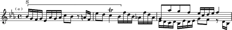 \new Staff { \key ees \major %correcting obvious error
\time 4/4 \mark \markup \tiny { (\italic"a") } \relative b' {
  \[ bes16^"S" g f g ees aes g aes c8 bes r a16 f |
    ees'8 d c4\trill bes16[ \] f' d bes] aes! f' d aes |
  << { g8 aes' g f ees16 c d ees f4 ~ } \\
     { ees,16 d c d bes ees d ees g8 f r d16 bes } >> } }