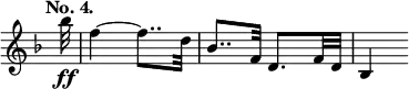 { \override Score.TimeSignature #'stencil = ##f \key d \minor \tempo "No. 4." \time 2/4 \partial 32 \relative b'' { bes32\ff | f4 ~ f8.. d32 | bes8.. f32 d8. f32 d | bes4 } }