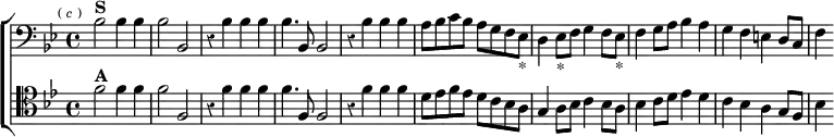  \new ChoirStaff << \override Score.Rest #'style = #'classical \override Score.BarNumber #'break-visibility = #'#(#f #f #f)
  \new Staff \relative b { \clef bass \key bes \major \time 4/4 \mark \markup \tiny { (\italic "c") }
    bes2^\markup \bold "S" bes4 bes | bes2 bes, | r4 bes' bes bes |
    bes4. bes,8 bes2 | r4 bes' bes bes |
    a8 bes c bes a g f ees_"*" | d4 ees8_"*" f g4 f8 ees_"*" |
    f4 g8 a bes4 a | g f e d8 c | f4 }
  \new Staff \relative f' { \clef tenor \key bes \major
    f2^\markup \bold "A" f4 f | f2 f, | r4 f' f f |
    f4. f,8 f2 | r4 f' f f |
    d8 ees f ees d c bes a | g4 a8 bes c4 bes8 a |
    bes4 c8 d ees4 d | c bes a g8 f | bes4 } >>