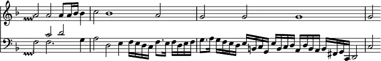 { \time 4/2 \set Score.tempoHideNote = ##t \tempo 4 = 100 \set Staff.midiInstrument = #"church organ" \override Score.TimeSignature #'stencil = ##f \key f \major << \clef treble \relative a' { s2 -\tweak #'X-offset #0 -\tweak #'Y-offset #-1.5 -\prallup a2 a a8 a16 bes bes4 | c2 bes1 a2 | g g g1 | g2 }
\new Staff { \set Staff.midiInstrument = #"church organ" \clef bass \key f \major << { s1 -\tweak #'X-offset #0 -\tweak #'Y-offset #-2.5 -\prallup c'2 d' } \\ { s2 f2 f2. g4 } >> \relative a { | a2 d, e4 f16 e d c f8. e16 f d e f | g8. a16 g f e d e b c g e' b c d a d b a b fis g c, d2 | c' } } >> }