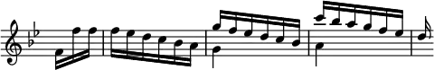 { \relative f' { \key bes \major \time 3/8 \override Score.TimeSignature #'stencil = ##f \partial 8.
  f16 f' f | f ees d c bes a |
  << { g'16 f ees d c bes | c' bes a g f ees | d } \\
     { g,4 s8 a4 } >> } }