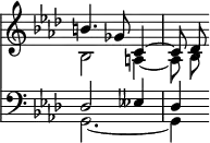 { \override Score.TimeSignature #'stencil = ##f \time 3/4 \key aes \major << \relative b' << { b4. ges8 c,4 ~ c8 des } \\ { bes2 a4 ~ a8 bes } >>
\new Staff { \clef bass \key aes \major << { des2 eeses4 des } \\ { g,2. ~ g,4 } >> } >> }