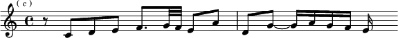 
\relative c' { \key c \major \time 4/4 \mark \markup \tiny { ( \italic c ) } r8 c[ d e] f8.[ g32 f] e8[ a] | d,[ g] ~ g16[ a g f] e s }