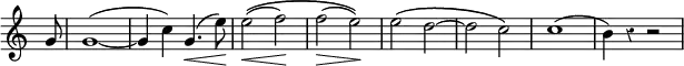 { \override Score.TimeSignature #'stencil = ##f \time 2/2 \override Score.Rest #'style = #'classical \partial 8 \relative g' { g8 | g1( ~ | g4 c) g4.(\< e'8)\! | e2\<(\( f\!) | f(\> e\!)\) | e\( d ~ | d c\) | c1( | b4) r4 r2 | } }