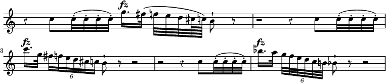 { \override Score.Rest #'style = #'classical \override Score.TimeSignature #'stencil = ##f \time 4/4 \relative c'' { r4 c8[ c32-.( c-. c-. c-.)] g'16.[^\fz fis32]\( f[ e d cis64 c]\) b8-! r | r2 r4 c8[ c32-.( c-. c-.c-.)] | c'16.[^\fz g32] \times 4/6 { fis16*1/2[ f e d cis c] } b8-! r r2 | r r4 c8[ c32-.( c-. c-. c-.)] | bes'16.[^\fz a32] \times 4/6 { g[ f e d c b!] } bes8-! r r2 } }