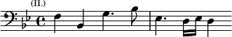 \relative f { \clef bass \key bes \major \time 4/4 \mark \markup \tiny { (II.) } f4 bes, g'4. bes8 | ees,4. d16 ees d4 }