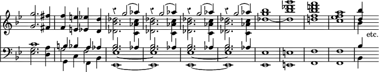 { \override Score.TimeSignature #'stencil = ##f \override Score.Rest #'style = #'classical << \new Staff { \time 4/4 \key g \minor \relative g'' { \stemUp <g g,>2. <fis fis,>4 | <f f,> <e e,> <ees ees,> <d d,> | << { \stemUp \repeat unfold 4 { r4 g2^( aes4) } | <bes g>1 | <bes des g> | <bes d! f> | a | <bes d,>4 s_\markup { \halign #-1 etc. } } \\ { \stemDown \repeat unfold 4 { <des, bes des,>2. <c aes c,>4 } | des1 ~ des | <d! f> <c ees f> | bes4 } >> } }
\new Staff { \clef bass \key g \minor \relative c' { << { \stemUp c1 | b4 bes a aes | \repeat unfold 4 { <bes g>2. aes4 } } \\ { \stemDown s1 g,4 c f, bes | ees,1 ~ ees | ees ~ ees | ees e f f | bes4 s } \\ { \stemDown <ees g>2. <d a'>4 | g2 f | \stemUp ees1 _~ ees ees _~ ees | ees e f f | bes4 } >> } } >> }