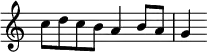 \relative c'' { \key c \major \time 2/2 \override Score.TimeSignature #'stencil = ##f c8 d c b a4 b8 a | g4 }