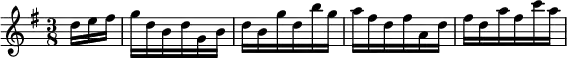 { \time 3/8 \key g \major \partial 8. \relative d'' { d16 e fis g d b d g, b d b g' d b' g a fis d fis a, d fis d a' fis c' a } }