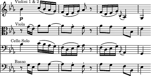 { << \new Staff \relative b' { \key ees \major \time 2/4 \override Score.TimeSignature #'stencil = ##f \mark \markup \small "Violini 1 & 2"
  bes4\p c16( bes aes g) | f( d ees g) aes8 r |
  f16( d ees g) \appoggiatura bes,8 aes4 | g4 }
\new Staff \relative g' { \clef alto \key ees \major 
  r8^\markup \small \center-align "Viola" g16( ees) aes8 aes ~ |
  aes g8-. f-. r | aes g f bes, | ees4 }
\new Staff \relative b { \clef bass \key ees \major 
  bes4^\markup \small \center-align "Cello Solo" c16( bes aes g) |
  f( d ees g) aes8 r |
  f16( d ees g) \appoggiatura bes,8 aes4 | g4 }
\new Staff \relative g { \clef bass \key ees \major
  r8^\markup \small \center-align "Basso" g16 ees aes8 aes ~ |
  aes g-. f-. r | aes g f bes, | ees4 } >> }