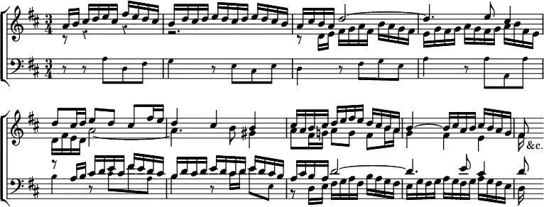 \new ChoirStaff << \override Score.BarNumber #'break-visibility = #'#(#f #f #f) \override Score.Rest #'style = #'classical
  \new Staff <<
  \new Voice \relative a' { \key d \major \time 3/4 \partial 8*5 \stemUp
    a16 b cis d e cis fis e d cis |
    b d cis d e d cis d e d cis b | a cis b a d2 ^~ |
    d4. e8 cis4 | d8 cis16 d e8 d cis fis16 e | d4 cis b |
    cis16 a b cis d e fis e d cis b a |
    b4 ^~ b16 cis a b cis b a g | fis8 }
  \new Voice \relative d' { \stemDown
    r8 r4 r | r2. | r8 d16 e fis g a fis b a g fis |
    e g fis g a g fis g a b fis e | d fis e d a'2 _~ | a4. b8 gis4 |
    a8 fis16 g! a8 g fis b16 a | g4 fis e | fis16 s_"&c." } >>
  \new Staff <<
  \new Voice \relative a { \clef bass \key d \major \stemUp
    s8 s2 | s2. s s | r8 a16 b cis d e cis fis e d cis |
    b d cis d e d cis d e d cis b | a cis b a d2 ^~ | d4. e8 cis4 d8 }
  \new Voice \relative a { \stemDown \tiny
    r8 r a[ d, fis] | g4 r8 e[ cis e] | d4 r8 fis[ g e] |
    a4 r8 a[ a, a'] | b4 r8 cis[ fis a,] | b4 r8 cis16 d e8 e, | \normalsize
    r8 d16 e fis g a fis b a g fis | e g fis g a g fis g a g fis e d s } >> >>