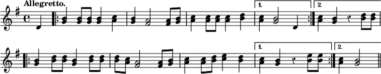 { \relative d' { \key g \major \time 4/4 \tempo "Allegretto." \partial 4 \override Score.Rest #'style = #'classical \override Score.BarNumber #'break-visibility = #'#(#f #f #f)
 d4 \repeat volta 2 {
  <g b>4 q8 q q4 <a c> | <b g> <a fis>2 q8 <g b> | %eol1
  <c a>4 q8 q q4 <d b>4 }
 \alternative {
  { <c a>4 <b g>2 d,4 }
  { <a' c>4 <g b> r <b d>8 q } }
 \repeat volta 2 {
  <b g>4 <b d>8 q <b g>4 <b d>8 q | q <c a> <a fis>2 q8 <b g> |
  <c a>4 q8 <d b> <e c>4 <d b> }
 \alternative {
  { <c a>4 <b g> r <e b>8 q }
  { <c a>4 <b g>2 \bar "||" } } } }