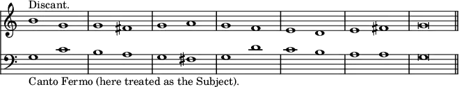 { << \new Staff \relative b' { \time 2/1 \override Score.TimeSignature #'stencil = ##f 
 b1^"Discant." g | g fis | g a | g f | %end line 1
 e d | e fis | g\breve \bar "||" }
\new Staff \relative g { \clef bass
 g1_"Canto Fermo (here treated as the Subject)." c |
 b a | g fis | g d' | %end line 1
 c b | a a | g\breve } >> }