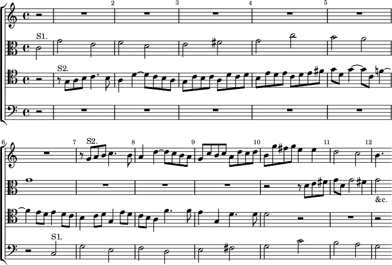 \new ChoirStaff << \override Score.BarNumber.break-visibility = ##(#f #t #t) \set Score.barNumberVisibility = #all-bar-numbers-visible
  \new Staff \relative g' { \key c \major \time 4/4 \partial 2
    r2 R1*6 r8 g^"S2." a b c4. b8 | a4 d ~ d8 c b a |
    g c b c a d c d | b g' fis g e4 e | d2 c | b4. s8 }
  \new Staff \relative c' { \clef alto \key c \major
    c2^"S1." g' e f d | e fis g c | b a g1 R1*2
    R1 r2 r8 d e fis | g d g2 fis4 | g2_"&c." }
  \new Staff \relative g { \clef tenor \key c \major
    r2 r8^"S2." g a b c4. b8 | a4 d ~ d8 c b a |
    g c b c a d c d | b e d e c d e fis | g d g4 ~ g8 c, f!4 ~ |
    f e8 d e4 d8 c | b4 c8 d g,4 e'8 d | c b a4 f'4. f8 |
    e4 g, d'4. d8 | d2 r R1 r2 }
  \new Staff \relative c { \clef bass \key c \major
    r2 R1*5 r2 c^"S1." g' e f d | e fis g c b a g } >>