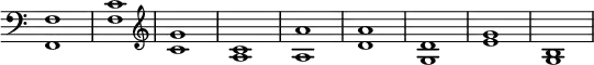 { \clef bass \override Score.TimeSignature #'stencil = ##f <f f,>1 <f c'> \clef treble <c' g'> <c' a> <a a'> <d' a'> <d' g> <e' g'> <b g> }