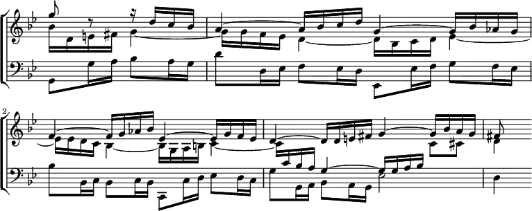 \new ChoirStaff << \override Score.TimeSignature #'stencil = ##f
  \new Staff = "up" { \key g \minor \time 4/4 \partial 2 <<
    \new Voice \relative g'' { \stemUp
      g8 r r16 d c bes | a4 ^~ a16 bes c d g,4 ^~ g16 bes aes g |
      f4 ^~ f16 g aes bes ees,4 ^~ ees16 g f ees |
      d4 ^~ d16 d e fis g4 ^~ g16 bes a g | fis8 s }
    \new Voice \relative b' { \stemDown
      bes16 d, e fis g4 _~ | g16 g f ees d4 _~ d16 bes c d ees4 _~ |
      ees16 ees d c bes4 _~ bes16 g a b c4 _~ | c16 \stemUp
      \change Staff = "down" c bes a g4 ^~ g16 g a bes \stemDown
      \change Staff = "up" c8 cis | d4 } >> }
  \new Staff = "down" { \key g \minor \clef bass
    \new Voice \relative g, { \stemDown
      g8 g'16 a bes8 a16 g |
      d'8 d,16 ees f8 ees16 d ees,8 ees'16 f g8 f16 ees |
      bes'8 bes,16 c bes8 c16 bes c,8 c'16 d ees8 d16 c |
      g'8 g,16 a bes8 a16 g ees'2 | d4 } } >>