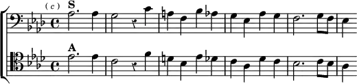  \new ChoirStaff << \override Score.Rest #'style = #'classical
  \new Staff \relative a { \clef bass \key aes \major \time 4/4 \mark \markup \tiny { ( \italic c ) }
    aes2.^\markup \bold "S" aes4 | g2 r4 c | a f bes aes |
    g ees aes g | f2. g8 f | ees4 }
  \new Staff \relative e' { \clef tenor \key aes \major
    ees2.^\markup \bold "A" ees4 | c2 r4 f | d bes ees des |
    c aes des c | bes2. c8 bes | aes4 } >> 