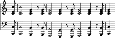 { \override Score.TimeSignature #'stencil = ##f \time 4/4 \partial 8 << \relative c' { <c e c'>8 q2 <c e g>4 r8 q q2 q4 r8 q q2 q4 r8 q q4 }
\new Staff { \clef bass \relative c { <c c,>8 q2 <b b,>4 r8 q <a a,>2 <g g,>4 r8 <g g,> <a a,>2 <b b,>4 r8 q <c c,>4} } >> }