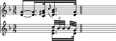 { \time 3/8 \key f \major << \relative g' { <g d>8 ~ <g d>16. <a fis c>32 \appoggiatura c16 <bes g d>16. <g d>32 \bar "||" s8 }
\new Staff { \key f \major \relative c'' << { s4 \times 2/3 {c32[ bes ~ bes] ~ } bes[ g] | s8 } \\ { s4 <g d>16. d32 } >> } >> }