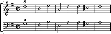  \new ChoirStaff <<
  \new Staff \relative d'' { \key g \major \time 2/2
    d1^\markup \bold "S" b2 e | a, d d cis | d1 }
  \new Staff \relative g { \key g \major \clef bass
    g1^\markup \bold "A" | fis2 b | e, a | a gis | a1 } >>