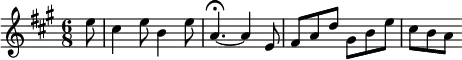 { \time 6/8 \key a \major \partial 8 \relative e'' { e8 | cis4 e8 b4 e8 | a,4.^\fermata ~ a4 e8 | fis a d gis, b e | cis b a } }