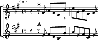  \new ChoirStaff << \override Score.Rest #'style = #'classical
  \new Staff \relative a' { \key a \major \time 4/4 \mark \markup \tiny { (\italic "a") }
    r4 r8^\markup \bold "S" a cis a fis d'_"*" | e b cis gis a }
  \new Staff \relative e' { \key a \major
    r4 r8^\markup \bold "A" e fis d b gis' | a e fis cis e } >>