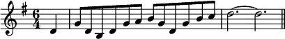 { \time 6/4 \key g \major \partial 4 \relative d' { d4 | g8 d b d g a b g d g b c | d2. ~ d \bar "||" } }