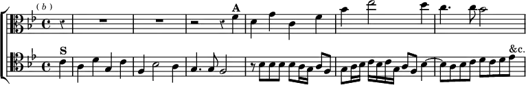  \new ChoirStaff << \override Score.Rest #'style = #'classical
  \new Staff \relative f' { \clef alto \key bes \major \time 4/4 \partial 4 \mark \markup \tiny { ( \italic b ) }
    r4 R1*2 r2 r4 f^\markup \bold "A" | d g c, f |
    bes ees2 d4 | c4. c8 bes2 }
  \new Staff \relative c' { \clef tenor \key bes \major
    c4^\markup \bold "S" | a d g, c | f, bes2 a4 | g4. g8 f2 |
    r8 bes bes bes bes a16 g a8 f |
    g a16 bes c bes c g a8 f bes4 ~ |
    bes8 a bes c d c d ees^"&c." } >>