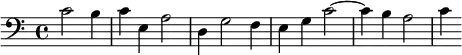 \relative c' { \clef bass \time 4/4 \partial 2. c2 b4 | c e, a2 | d,4 g2 f4 | e g c2 ~ c4 b a2 | c4 }