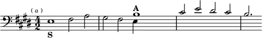  \relative b { \clef bass \key e \major \time 4/2 \mark \markup \tiny { ( \italic a ) } << { s1 s s b^\markup { \bold A }  | cis2 e dis cis | b2. } \\ { e,1_\markup { \bold S } fis2 a | gis fis e4 s } >> } 