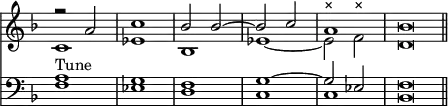 << \override Score.TimeSignature #'stencil = ##f \time 2/2 \new Staff << \key f \major \new Voice { \voiceOne \relative a' { r2 a | c1 | bes2 bes ~ | bes c | a1 | bes\breve*1/2 \bar "||" } }
\new Voice { \voiceTwo \relative c' { c1 ees bes ees ~ ees2^"×" f^"×" d\breve*1/2 } } >>
\new Staff << \clef bass \key f \major \new Voice { \voiceOne a1^"Tune" g f g ~ g2 ees f\breve*1/2 }
\new Voice { \voiceTwo f1 ees d c c bes,\breve*1/2 } >> >>