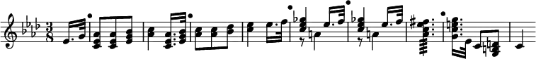 \relative e' { \key aes \major \time 3/8 \override Score.BarNumber #'break-visibility = #'#(#f #f #f) \partial 8
  ees16. g32 | \mark "•" <aes ees c>8 q <bes g ees> |
  <c aes>4 <aes ees c>16. <bes g ees>32 | \mark "•"
  <c aes>8 q <des bes> | <ees c>4 ees16. f32 | \mark "•"
  << { <ges ees c>4 ees16. f32 | \mark "•" <ges ees c>4 ees16. f32 } \\
     { r8 a,4 | r8 a4 } >>
  <aes c ees fis>4.:64 | \mark "•"
  <g c e g>16.[ ees32] c8[ <d b g>] | c4 }