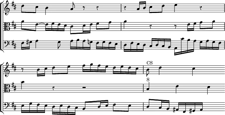 \new ChoirStaff << \override Score.BarNumber #'break-visibility = #'#(#f #f #f) \override Score.TimeSignature #'stencil = ##f \override Score.Rest #'style = #'classical
  \new Staff \relative d'' { \key d \major \time 4/4
    d8 cis b4 a8 r r4 | r4*1/2 a16 b cis8 d e4 r |
    r8 b16 cis d8 e fis16 g fis e d e d cis | b8^"CS" d4 cis s8 }
  \new Staff \relative a' { \clef alto \key d \major
    a8 e ~ e16 fis e d cis8 d16 e fis8 g | a4 r r8 e16 fis g8 a |
    b4 r r2 | b,4^"S" e d }
  \new Staff \relative f { \clef bass \key d \major
    fis16 gis a4 gis8 a16 b a g fis g fis e |
    d fis e d cis d cis b a cis' b a g a g fis |
    e g fis e d e d cis b8 d16 e fis8 e |
    d8 cis16 b ais fis gis ais s4 } >>