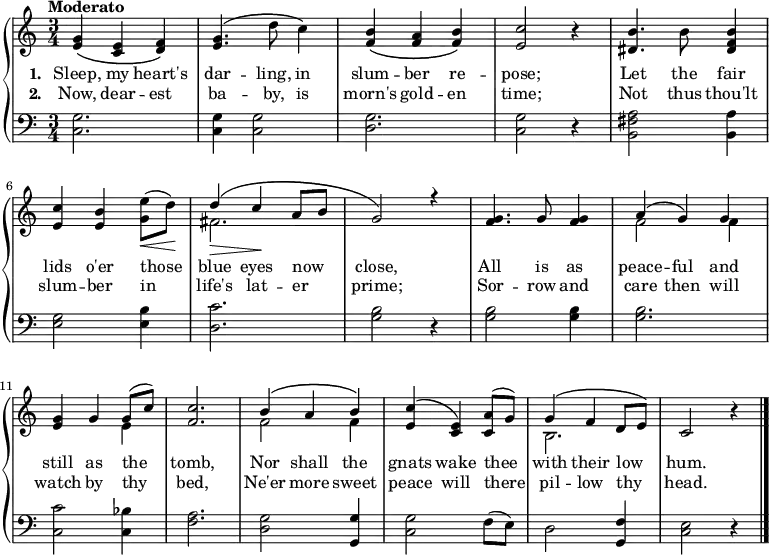 \new PianoStaff <<
\new Staff { \time 3/4 \tempo "Moderato" \relative g' {
  <g e>4\( <e c> <f d>\) |
  <g e>4.\( d'8 c4\) |
  <b f>\( <a f> <b f>\) |
  <c e,>2 r4 |
  <b dis,>4. b8 <b f dis>4 |
  <c e,> <b e,> <e g,>8(\< d)\! |
  << { d4\(\> c\! a8 b | g2\) r4 |
       <g f>4. g8 q4 |
       a4\( g\) g |
       <g  e> g g8( c) | <c f,>2. |
       b4\( a b\) | <c e,>4\( <e, c>\) <a c,>8( g) |
       g4\( f d8 e\) | c2 } \\
     { fis2. s2. s2. f2 f4 | s2 e4 | s2. | f2 f4 | s2. | b,2. } >>
   r4 \bar "|." } }
\addlyrics { \set stanza = #"1. " Sleep, my heart's dar -- ling, in slum -- ber re -- pose; Let the fair lids o'er \set associatedVoice = "1" those blue eyes now _ close, All is as peace -- ful and still as the tomb, Nor shall the gnats wake thee with their low _ hum. }
\addlyrics { \set stanza = #"2. " Now, dear -- est ba -- by, is morn's gold -- en time; Not thus thou'lt slum -- ber \set associatedVoice = "1" in life's lat -- er _ prime; Sor -- row and care then will watch by thy bed, Ne'er more sweet peace will there pil -- low thy _ head. }
\new Staff { \clef bass
  <c g>2. q4 q2 | <d g>2. <c g>2 r4 |
  <b, fis a>2 <b, a>4 | <e g>2 <e b>4 | <d c'>2. <g b>2 r4 |
  q2 q4 | q2. | <c c'>2 <c bes>4 | <f a>2. |
  <d g>2 <g, g>4 | <c g>2 f8( e) | d2 <g, f>4 | <c e>2 r4 }
>> 