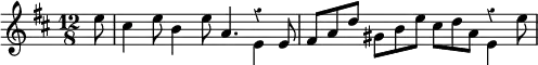 { \override Score.Rest #'style = #'classical \time 12/8 \key d \major \partial 8 \relative e'' { e8 cis4 e8 b4 e8 a,4. << { r4 e8 } \\ { e4 } >> | fis8 a d gis, b e cis d a << { r4 } \\ { e4 e'8 } >> } }