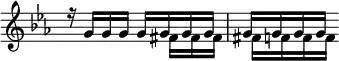 { \override Score.TimeSignature #'stencil = ##f \time 2/4 \key c \minor \relative g' << { r16 g g g g g g g | g g g g } \\ { s4 s16 fis fis fis | fis f f f } >> }