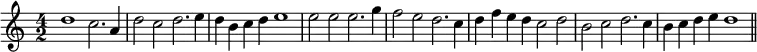 { \time 4/2 \relative d'' { d1 c2. a4 | d2 c d2. e4 | d b c d e1 | e2 e e2. g4 | f2 e d2. c4 | d f e d c2 d | b c d2. c4 b c d e d1 \bar "||" } }