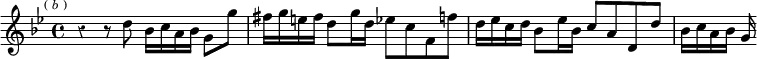 
\relative d'' { \key g \minor \time 4/4 \override Score.Rest #'style = #'classical \mark \markup \tiny { ( \italic b ) } r4 r8 d bes16 c a bes g8 g' | fis16 g e fis d8 g16 d ees8 c f, f' | d16 ees c d bes8 ees16 bes c8 a d, d' | bes16 c a bes g }