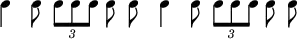 { \override Score.TimeSignature #'stencil = ##f \time 7/8 \new RhythmicStaff \stopStaff \stemDown \autoBeamOff { c4 c8 \times 2/3 { c8[ c c] } c c | c4 c8 \times 2/3 { c[ c c] } c c } }