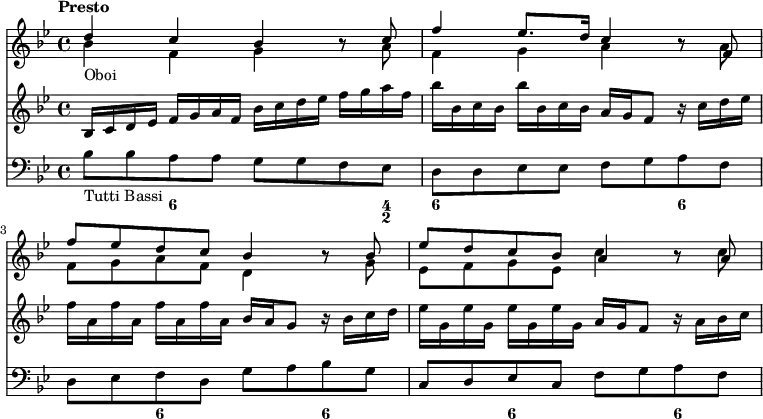 << \new Staff { \time 4/4 \key bes \major \tempo \markup "Presto" << \new Voice \relative d'' { \stemUp d4 c bes r8 c | f4 ees8. d16 c4 r8 f, | f' ees d c bes4 r8 bes | ees d c bes a4 r8 a8 }
\new Voice \relative b' { \stemDown bes4_"Oboi" f g r8 a | f4 g a r8 a | f g a f d4 r8 g | ees f g ees c'4 r8 c } >> }
\new Staff { \key bes \major \relative b { bes16 c d ees f g a f bes c d ees f g a f | bes bes, c bes bes' bes, c bes a g f8 r16 c' d ees | f a, f' a, f' a, f' a, bes a g8 r16 bes c d | ees g, ees' g, ees' g, ees' g, a g f8 r16 a bes c } }
\new Staff { \clef bass \key bes \major \relative b { bes8_"Tutti Bassi" bes a a g g f ees | d d ees ees f g a f | d ees f d g a bes g | c, d ees c f g a f } }
\figures { <_>4 <6> <_>4. <4 2>8 <6>2. <6>2 <6> <6> <6> <6>4 } >>