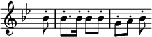 { \relative b' { \time 2/4 \override Score.TimeSignature #'stencil = ##f \key bes \major \stemDown \partial 8
  bes8-. | bes8.-. bes16-. bes8-. bes-. | g-. a-. bes8-. } }